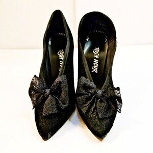 Vintage Rush Hour Black Brocade Suede Lace Bow Pointed Toe Heels Women's Size 5